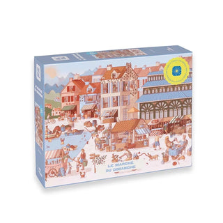 Le Marché du Dimanche | 1,000 Piece Jigsaw Puzzle by Heol Editions features a vibrant illustrated outdoor market scene with people, stalls, and buildings.