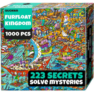 QUOKKA’s Furfloat Kingdom 1,000-piece jigsaw puzzle features a lively cartoon waterfront, hidden objects, and “223 secrets, solve mysteries” printed on the box.