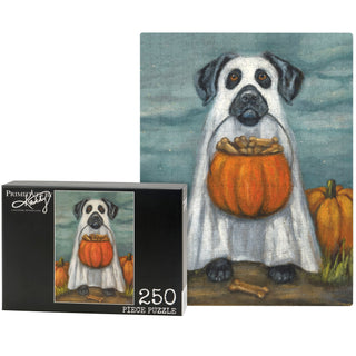 The Ghost Dog | 250 Piece Jigsaw Puzzle by Primitives by Kathy features a ghost dog with a pumpkin basket and bones, perfect for Halloween fun! Box included.