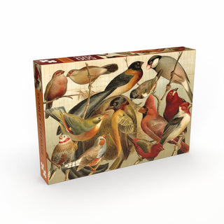 Experience the Scarlet Serenade 500 Piece Jigsaw Puzzle by Penny Puzzle, featuring a vibrant collection of exotic birds perched on branches set against a clean white backdrop.
