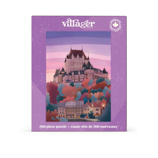 Introducing the Quebec City | 500 Piece Jigsaw Puzzle by Villager Puzzles—a Canadian-designed puzzle box featuring an illustrated castle on a hill, surrounded by vibrant trees and houses, bordered in purple with bilingual text. Inspired by Quebec City and the artistry of Maude Gervais, this delightful puzzle beautifully showcases the region’s iconic charm.