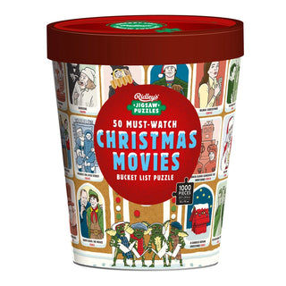 Presented in a cylindrical container, Ridley’s 50 Must-Watch Christmas Movies | 1,000 Piece Jigsaw Puzzle features festive movie-themed illustrations and offers a delightful challenge that’s perfect for holiday gatherings.