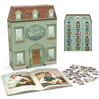 A Little Women Jigsaw Puzzle Advent Calendar shaped like a house, featuring a grid of twelve drawers with portrait frames, an open guidebook with character illustrations, and a pile of puzzle pieces.