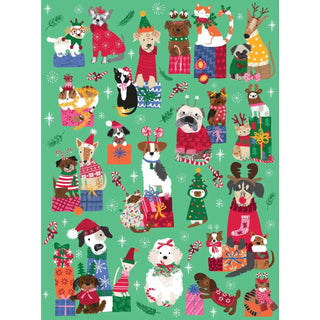 Santa's Yelpers | 1,000 Piece Jigsaw Puzzle by Puzzlefolk features adorable dogs and cats in festive outfits with presents, set on a green snowflake and pine background—perfect for holiday puzzling fun.