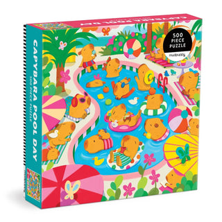 Enjoy Mudpuppy’s Capybara Pool Day 500-piece jigsaw puzzle, featuring whimsical capybaras relaxing and playing in a vibrant pool scene—perfect for family fun or your next puzzle night!.