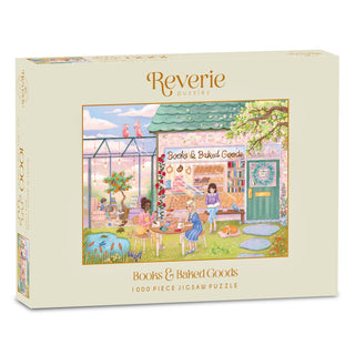 The Books & Baked Goods | 1,000 Piece Jigsaw Puzzle by Reverie Puzzles features Sandra Tews’ charming art of people enjoying an outdoor bakery and bookstore.