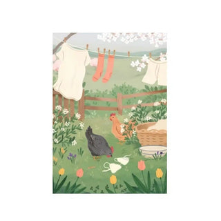 Enjoy Trevell's "Laundry Helpers"—a 99 piece jigsaw puzzle featuring a charming garden scene with laundry, two chickens, a basket, flowers, and a wooden fence. Perfect for puzzle fans and mini puzzle lovers!.