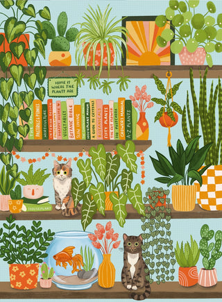 Illustration of shelves with potted plants, books, two cats, a goldfish bowl, and decor against a blue backdrop—Puzzlefolks That Plant Life! | 1,000 Piece Jigsaw Puzzle is perfect for plant and cat lovers.