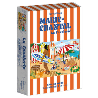 The Marie-Chantal At the Beach 1,000 Piece Jigsaw Puzzle features a lively beach scene in premium striped orange and white velvet packaging by Marie-Chantal.