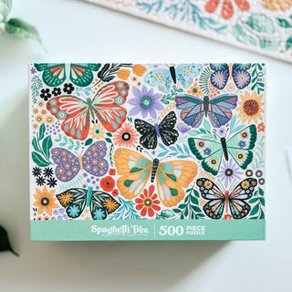 The Spaghetti Tree Butterfly Bouquet 500-piece jigsaw puzzle features sturdy pieces and a vibrant cover illustration of butterflies and flowers.