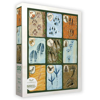 The 1canoe2 Animal Tracks Grid is a 500-piece jigsaw puzzle showcasing animal tracks in sand, mud, and snow, with illustrations of the animals—ideal for nature lovers and wildlife enthusiasts.