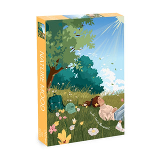 Nature Mood | 500 Piece Jigsaw Puzzle by Olleo Puzzles comes in a box featuring a serene illustration of a person lying on grass under a tree with flowers, a bag, and a water bottle.