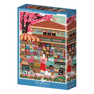 Box for Flower Market | 1,500 Piece Jigsaw Puzzle by Pieces & Peace, made in France, with Nidhi Kachhadiya’s art of a flower market, colorful blooms, striped canopy, and a woman holding a bouquet. Brand name at the bottom.