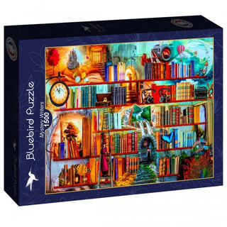 The Mystery Writers 1,500 piece jigsaw puzzle by Bluebird Puzzle features a vibrant bookshelf scene with books, a clock, a red car, hot air balloon, and other whimsical details.