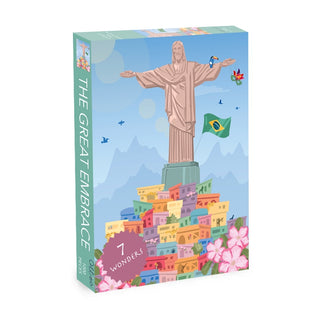 The Great Embrace | 1,000 Piece Jigsaw Puzzle by Olleo Puzzles features Christ the Redeemer above colorful Rio buildings, a Brazilian flag, flowers, and birds—a vibrant addition to any puzzle collection.