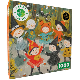Children in vibrant costumes dance amid a forest clearing filled with greenery and miniature pumpkins, as if part of an enchanted celebration. The Mystical Halloween Ball | 1,000 Piece Jigsaw Puzzle by Lucky Puzzles offers this magical scene and provides a delightful challenge for all ages.