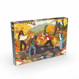 The illustration on the Friendship Hike | 1,000 Piece Jigsaw Puzzle by Penny Puzzle features four people trekking through a vibrant autumn forest, crossing a stream with scenic mountains and trees in the background. The side of the box displays "33 FRIENDSHIP," making this the ideal friendship puzzle to enjoy with loved ones. Celebrate togetherness with this delightful 1,000-piece jigsaw puzzle set in colorful autumn scenery.