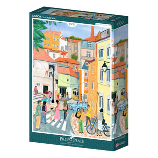 Lisbon | 1,000 Piece Jigsaw Puzzle by Pieces & Peace features Laura Page's illustrated Lisbon street scene with colorful buildings, people walking, a cyclist, and classic cars. Made in France.