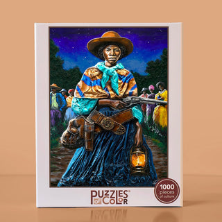 A 1,000 piece Young Harriet Tubman, Outlaw For Freedom jigsaw puzzle featuring an illustration of Harriet Tubman holding a rifle and a lantern with people in the background under a night sky.