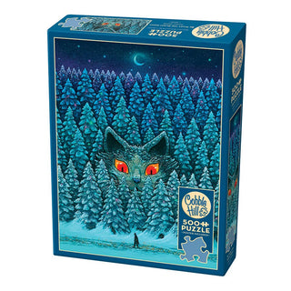 Be Wary the Silent Night is a 500 piece jigsaw puzzle by Cobble Hill, featuring Andy Kehoe’s art of a large cat’s glowing face in a snowy forest with a small human figure below.