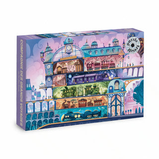 Trevell’s Compagnie Des Grands Voyages | 1,000 Piece Jigsaw Puzzle features a vibrant multi-level train station scene in a colorful illustrated box.