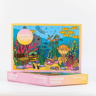 Discover the Treasure Hunt | 1,000 Piece Jigsaw Puzzle from Sunshine Puzzles, featuring a vibrant underwater adventure scene with sea creatures, colorful coral reefs, and a hidden treasure chest—ideal for anyone seeking an engaging coral reef puzzle experience.