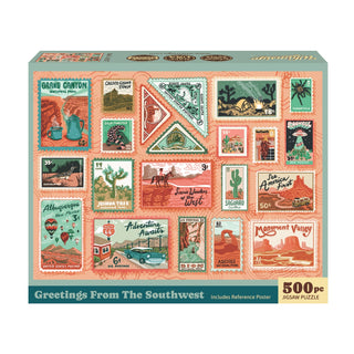 Whimsigo Greetings from the Southwest 500-piece jigsaw puzzle box featuring illustrated vintage-style stamps of American Southwest landscapes and landmarks.