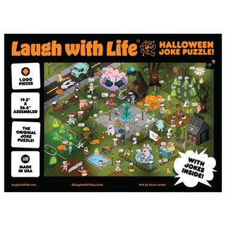 Bright and lively box cover displays a bustling Halloween cartoon scene filled with characters, labeled “Halloween Joke | 1,000 Piece Jigsaw Puzzle” by Livuzzle. Enjoy a fun seek-and-find challenge with this 1,000 piece puzzle, which measures 19.3" x 26" when complete.