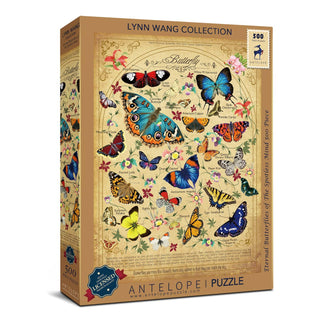 The Eternal Butterflies of The Spotless Mind 500-piece puzzle by Antelope Puzzle features vibrant illustrated butterflies with names on a vintage-style background—a perfect jigsaw for butterfly enthusiasts and collectors.