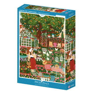 The Jardin De Campagne 1,500 Piece Jigsaw Puzzle by Pieces & Peace features a vibrant garden scene with women, animals, flowers, and fruit trees illustrated by Nidhi Kachhadiya and is proudly made in France.