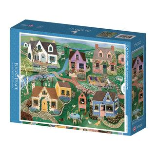 The Cottage Lane | 1,500 Piece Jigsaw Puzzle by Pieces & Peace features Elisabeth Dorrian's colorful cottages, gardens, and countryside illustration. Made in France.