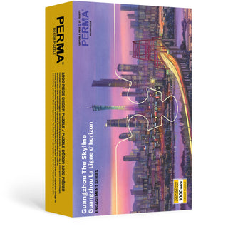 The PERMA Puzzle "Guangzhou Skyline | 1000 Piece Jigsaw Puzzle" showcases the city at sunset with river reflections, crafted from premium Dutch chipboard for a durable, high-quality puzzling experience.