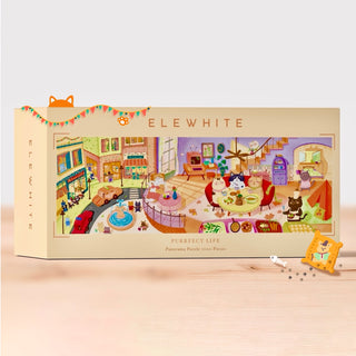 Rectangular box of Elewhite’s Purrfect Life | 1,000 Piece Jigsaw Puzzle, featuring original artwork of a colorful, cartoon cat-themed living room scene on the packaging.