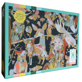 The Bridgetown Puzzles “In the Wild Where They Live” 1,000 Piece Jigsaw Puzzle comes in a rectangular box adorned with vibrant illustrations of forest animals and features a label indicating that 10% of net sales support the artist. Designed by Jennifer Mercede, this puzzle boasts a soft-touch finish for a delightful assembling experience.