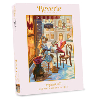 Dragon Café | 1,000 Piece Jigsaw Puzzle by Reverie Puzzles features cozy artwork of a girl reading beside a red dragon at a snowy café.