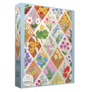 The Vintage Blooms 1,000 Piece Jigsaw Puzzle by 1canoe2 features a vibrant diamond-patterned floral illustration—perfect for botanical art enthusiasts.