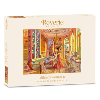 Experience the Milliner’s Workshop | 1,000 Piece Jigsaw Puzzle by Reverie Puzzles, featuring a beautifully illustrated hat shop scene with a woman and cat in a vibrant, ornate room. Inspired by Ailee Marie Art, this charming puzzle is perfect for both puzzle enthusiasts and art lovers.