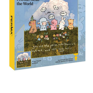 The PERMA Puzzle "Friends Mean the World" 321-piece jigsaw features cartoon animals on grass, speech bubbles, flowers, and the quote: you are the person who knows all about me and still loves me.