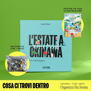 A StoPuzzle “L’estate A Okinawa” 1,000 piece jigsaw puzzle box, a clear bag of pieces, and an illustrated A4 poster are shown on a green background—ideal for watercolor puzzle enthusiasts.