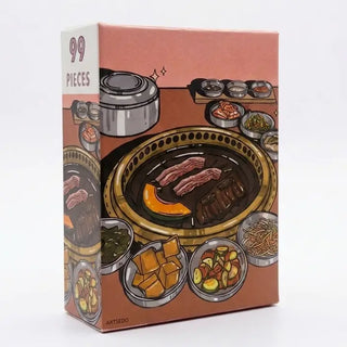 The Kbbq | 99 Piece Jigsaw Puzzle by Arcadia Puzzles comes in a box displaying an illustrated Korean BBQ table with meat, side dishes, grill, and rice bowl, plus a "99 piece puzzle" label on the top left corner.