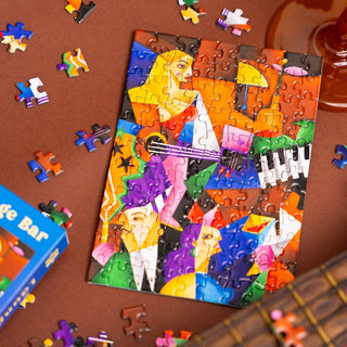 The Minizz Lounge Bar | 99 Piece Jigsaw Puzzle features a vibrant abstract design with musicians, perfect for fans of lounge bar and Paris motifs—an ideal gift for puzzle lovers seeking a stylish challenge.