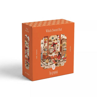 Housed in an orange box adorned with an illustration of a witch and her cat inside a cozy, decorated hut, the la pauz Witch Sweet Hut | 280 Piece Jigsaw Puzzle invites you into a world of enchanted delights. With 280 pieces, this charming puzzle is perfect for fans of magical sweets and whimsical illustrated scenes.