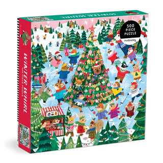 Experience cozy holiday fun with the Mudpuppy Winter Whirl | 500 Piece Jigsaw Puzzle. This charming puzzle showcases a festive forest scene, with animals ice skating and celebrating around a beautifully decorated Christmas tree in the snow—perfect for family gatherings this winter season.