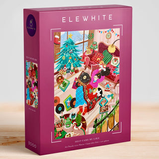 Elewhite introduces the “Self-Care Be Like Art” 1,000 piece jigsaw puzzle, featuring a vibrant illustration of a cozy living room with people relaxing, a decorated Christmas tree, presents, and self-care items.