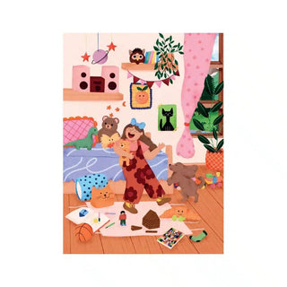 A child in pajamas hugs stuffed animals in a colorful bedroom filled with toys, books, and playful decor—including the Trevell Moi Lolita | 99 Piece Jigsaw Puzzle on the floor.