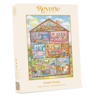 Box of the Mouse House | 1,000 Piece Jigsaw Puzzle by Reverie Puzzles, featuring an illustrated mouse family in a vibrant multi-room dollhouse—an enchanting puzzle perfect for cozy afternoons.