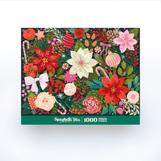 The Spaghetti Tree "Petals and Pine" 1,000 piece puzzle features festive flowers, pine cones, bows, candy canes, and ornaments arranged on a dark background.
