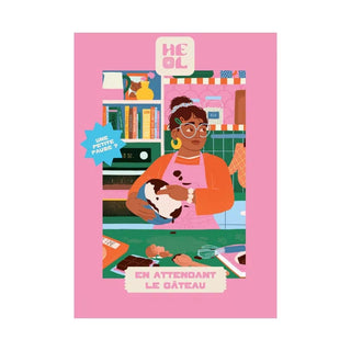 A charming illustration of a woman baking with “En attendant le gâteau” and “Une petite pause?” in French features on the Heol Editions En Attendant Le Gâteau 99 Piece Jigsaw Puzzle, made in France.