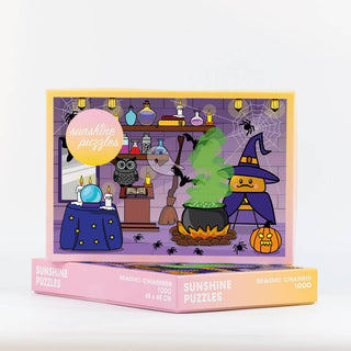 This 1,000 piece jigsaw puzzle from Sunshine Puzzles features a cartoon witch with a cauldron, potions, and Halloween decorations in a purple room. The “Magic Chamber” puzzle promises hours of enchanting fun for all ages.