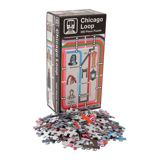 Transit Tees’ Chicago Loop | 500 Piece Jigsaw Puzzle features a detailed map design—ideal for fans of Chicago landmarks and perfect for puzzle enthusiasts.